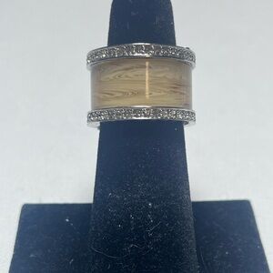 Michael Kors Beige Marbled Band Ring with Crystal-Trimmed Silver Edges